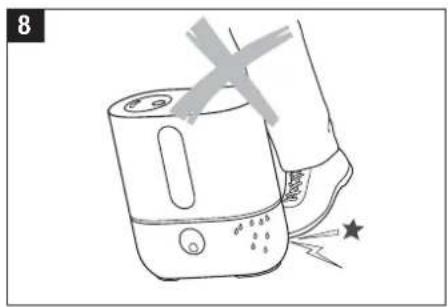 Line drawing of a hand holding a water heater with a warning symbol and starburst effect (no text or symbols)