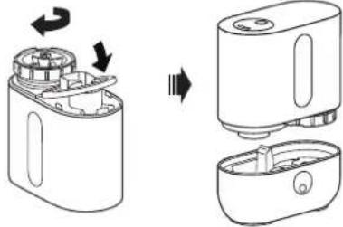 Diagram showing two views of a device with internal components and directional arrows indicating process (no text or symbols)