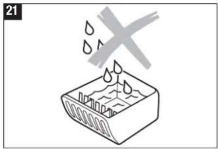 Simple line drawing of a container with water droplets and a cross symbol above it (no text or labels)