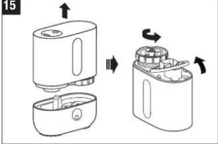 Diagram showing two views of a handwashing device with arrows indicating process flow (no text or symbols)