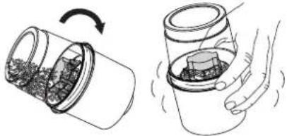 Illustration of a container being filled with granular material, showing a hand holding the lid (no text or symbols)
