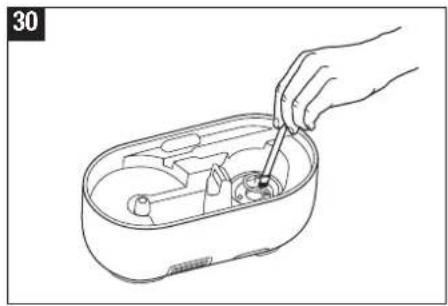 Line drawing of a hand using a tool to adjust or install an electronic device into a battery casing (no text or symbols)
