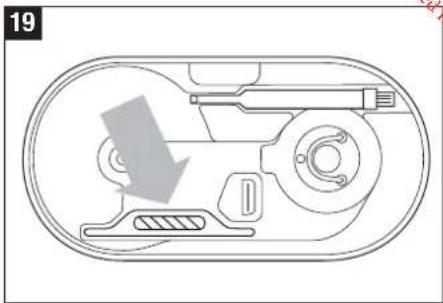 Technical line drawing of a mechanical assembly with a downward arrow indicating motion (no text or symbols)