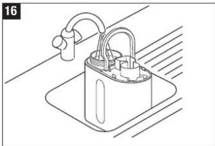 Line drawing of a handbag placed on a sink with a handle, no text or symbols present