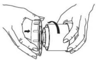 Illustration of two hands holding a mechanical component with a curved arrow indicating rotation (no text or symbols)