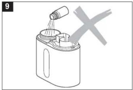 Diagram of a chemical container with a bottle pouring liquid, marked with a gray X symbol (no text or labels)