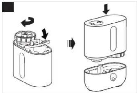 Diagram showing the process of a device's internal components, including a container with internal compartments and a water dispenser.
