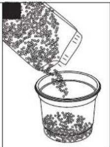 Illustration of a container pouring granular material into a glass bottle (no text or symbols)