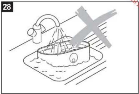 Line drawing of a fishbowl with a faucet spraying water, no text or symbols present