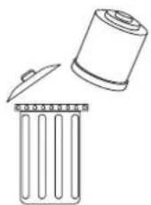 Simple line drawing of a cylindrical object and a trash bin (no text or symbols)
