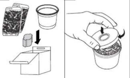 Diagram illustrating a food preparation step: adding granular material into a container, then using a lid to remove it.