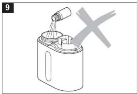 Diagram of a chemical container with liquid being poured into it, marked with a gray X symbol (no text or labels)
