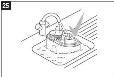 Line drawing of a faucet spraying water into a basin with a downward arrow indicating flow (no text or symbols)