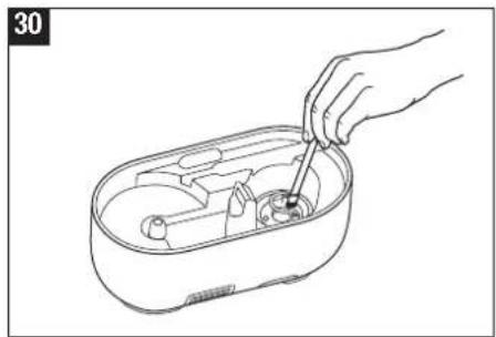 Line drawing of a hand using a tool to adjust or install electronic components inside a device casing (no text or symbols)