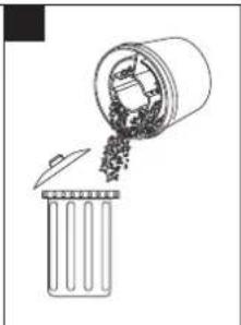 Simple line drawing of a trash bin with a jar pouring contents (no text or symbols)