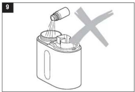 Diagram of a chemical container with liquid being poured into it, marked with a gray X (no text or symbols present)