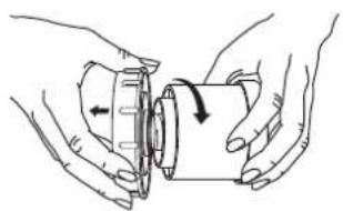 Illustration of hands holding a mechanical component with an arrow indicating rotation (no text or symbols)