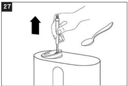 Illustration of a hand using a spoon to press or brush over a small container, with an upward arrow indicating motion (no text or symbols)