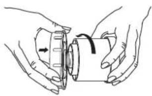 Illustration of hands holding a mechanical component with a curved arrow indicating rotation (no text or symbols)