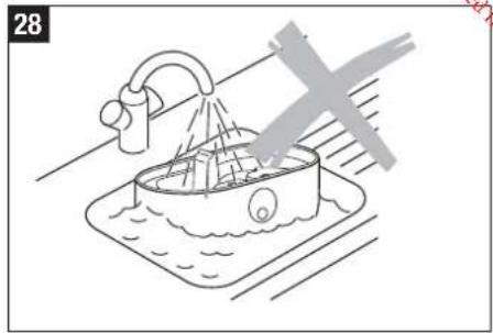 Line drawing of a faucet spraying water into a basin with a cross mark indicating pollution or damage (no text or symbols)