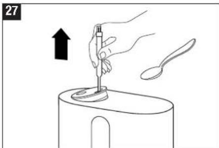 Illustration of a hand using a spoon to press a bowl on a tray, with an upward arrow indicating motion (no text or symbols)