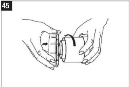 Illustration of hands holding a mechanical component with a curved arrow indicating rotation (no text or symbols)