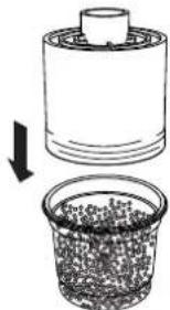 Diagram showing a cylindrical container being inverted and filled with granular material (no text or symbols)