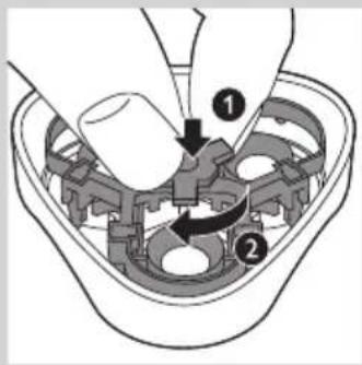 Diagram showing a mechanical assembly with labeled parts, including a hand holding a cylindrical component and two circular components with arrows indicating motion.
