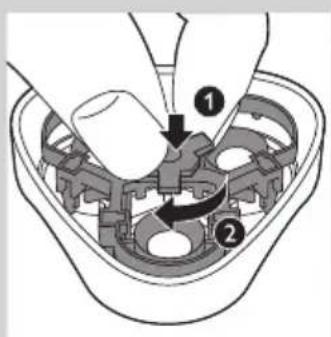Diagram showing a mechanical assembly with labeled parts, including a hand turning a tool and two circular components with arrows indicating rotation.