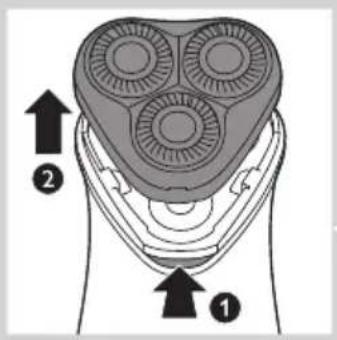 Diagram of a hand holding a three-pin shaver with labeled parts 1 and 2, showing mechanical components and directional arrows.