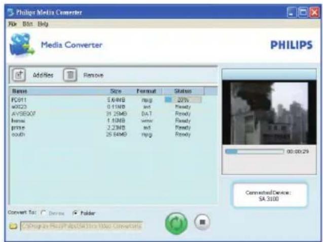 Philips Media Converter File Bin Help Media Converter Addies Remove Name Size Format Status PC611 3.64MB rpsg 20% w0223 0.11MB and Ready AVSE007 31.25MB 0.47 Ready homei 1.40MB www Ready prize 2.23MB and Ready outh 25.64MB rpsg Ready Connected Device: SA.3100 00:00:29 Convert To: Convert Folder ©Program Files\Philips\Software\Procture\