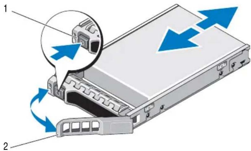 Diagram showing server rack with blue directional arrows indicating data transfer or movement, labeled with component numbers 1 and 2.