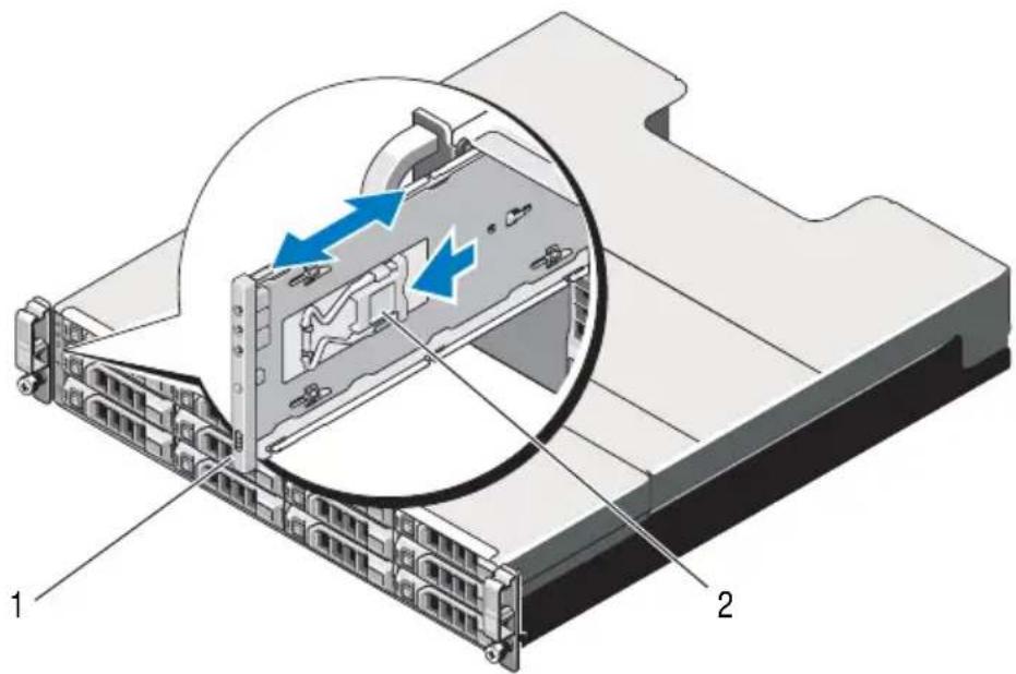 Technical diagram of a server rack with labeled components and directional arrows indicating movement or flow