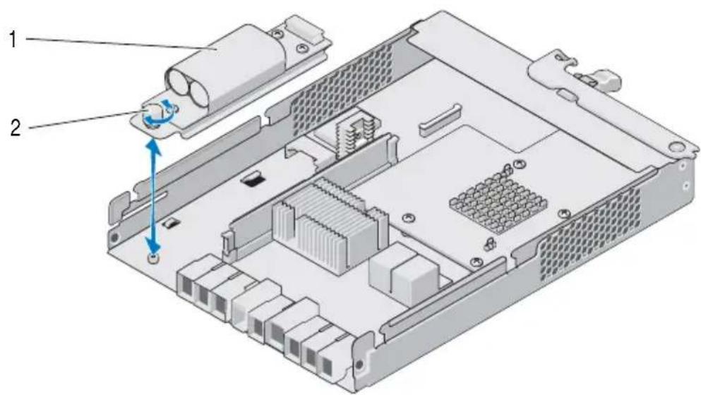 Technical diagram of an internal electronic device with labeled components and a blue directional arrow indicating rotation or movement.