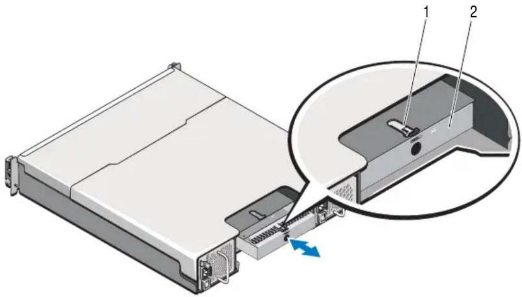 Technical diagram of a computer drive showing internal components and a zoomed-in view with labeled parts 1 and 2.