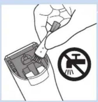 Illustration of a hand using a tool to clean a small electronic device with a no-smoking symbol nearby (no text or labels).