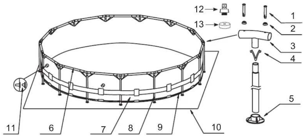 Technical diagram of a mechanical assembly with numbered components and labeled parts