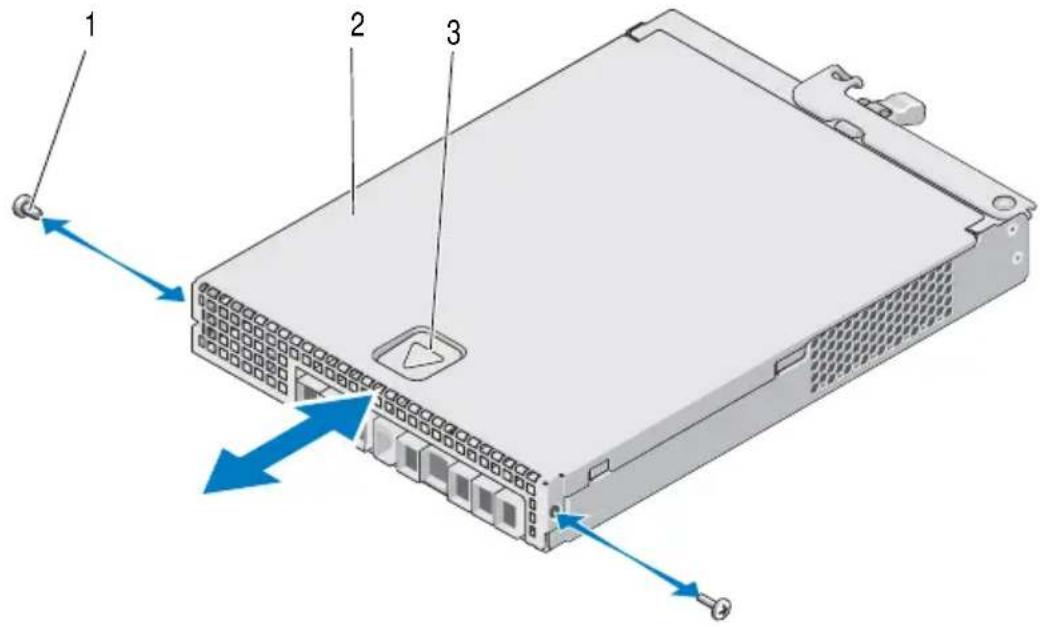 Diagram of a server rack with labeled components and directional arrows indicating data flow or movement.