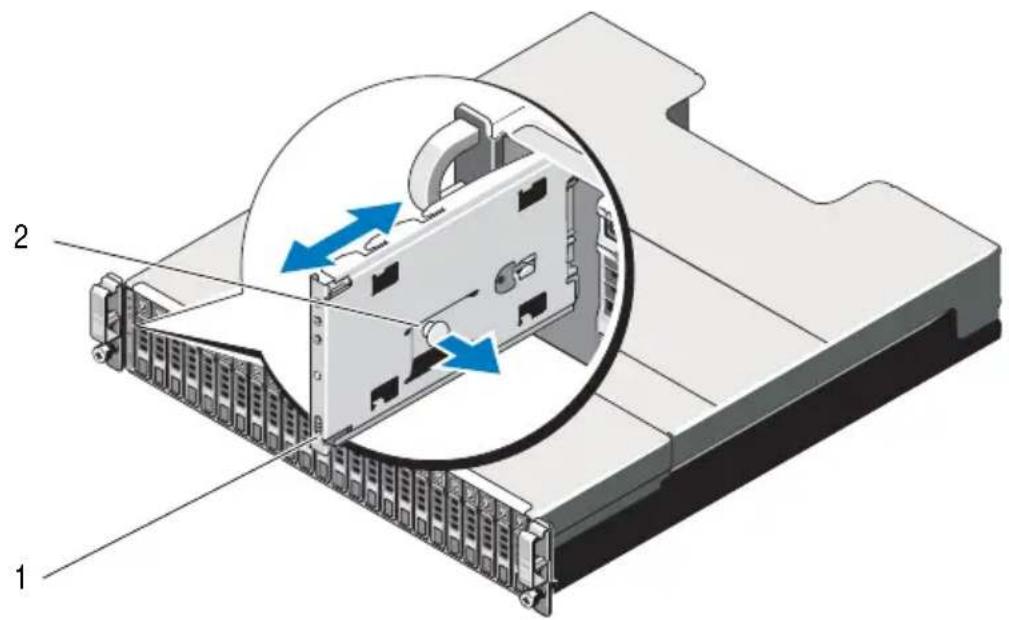 Technical diagram of a server rack with labeled components and directional arrows indicating movement or flow