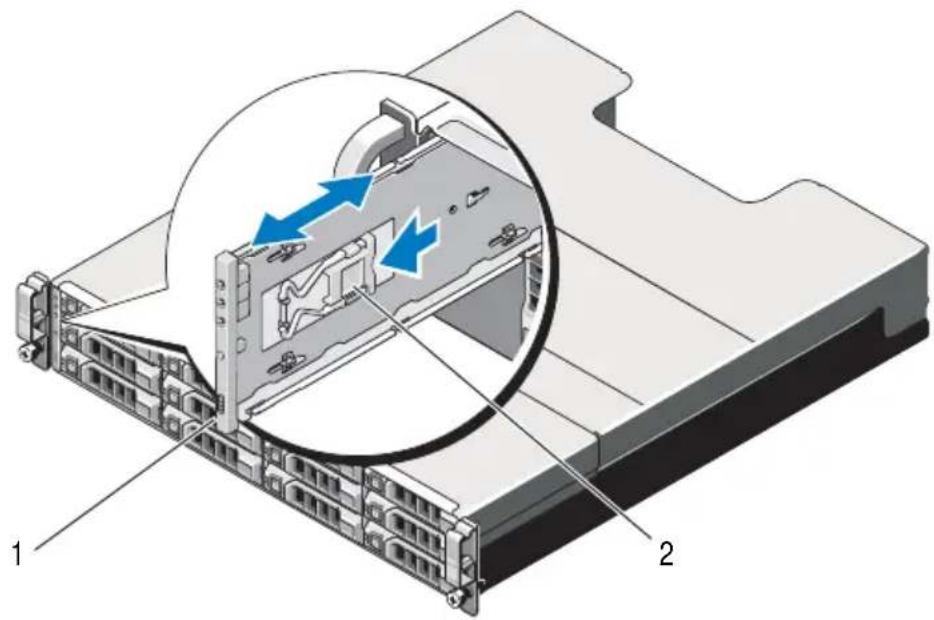 Technical diagram of a server rack with labeled components and directional arrows indicating movement or flow