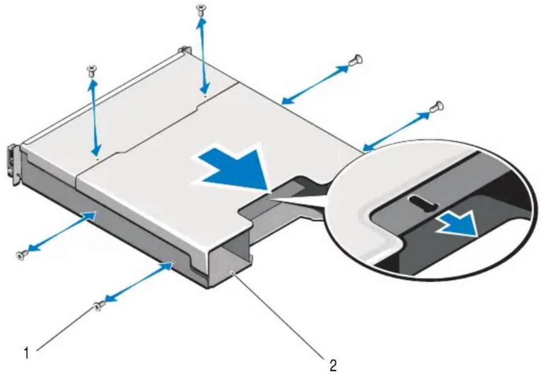 Technical diagram showing a device's internal structure with directional arrows and labeled parts 1 and 2, including a magnified inset of the device's internal structure.