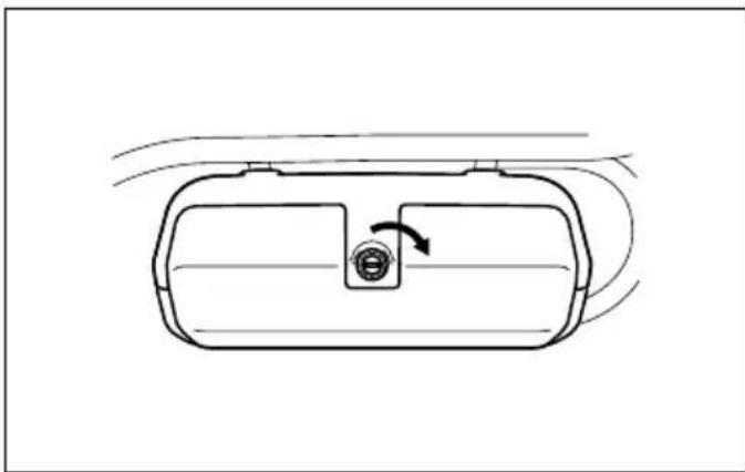 Diagram of a vehicle rearview mirror with a circular button and rotational arrow (no text or symbols)