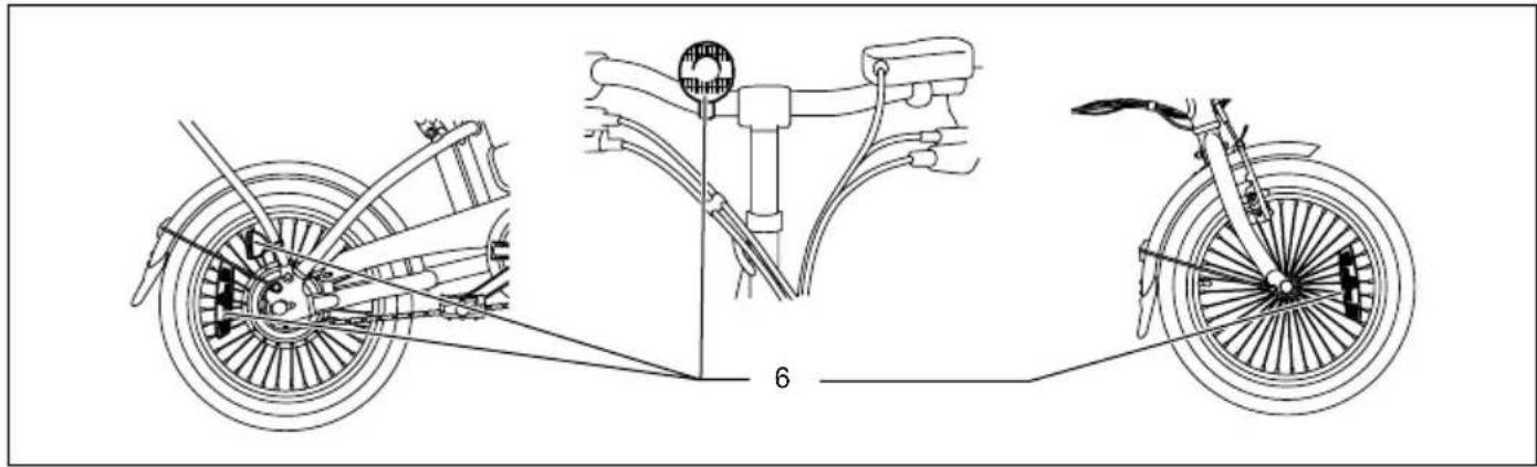 Technical diagram of a bicycle showing front wheel, rear wheel, and side-mounted components with labeled parts 6