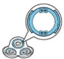 Diagram of a mechanical bearing assembly showing three bearings and a circular component (no text or labels)