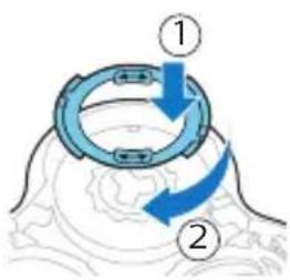 Diagram showing two blue arrows labeled ① and ② indicating rotational or mechanical motion paths around a circular component.