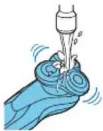 Illustration of a hand washing a blue object with a tool above it (no text or symbols)