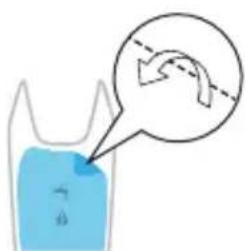 Diagram showing a bag with liquid and a magnified view of a bag with a dashed line indicating a motion or movement path.