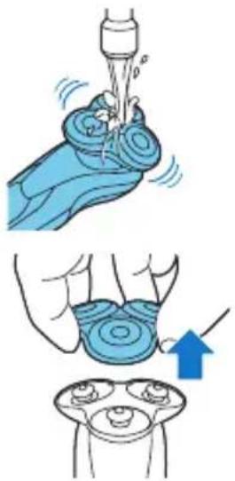 Illustration showing a hand washing a blue object with a tool, and a close-up of the hands holding a tray (no text or symbols)
