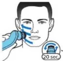 Illustration showing facial massage technique with blue brush and 20-second time label