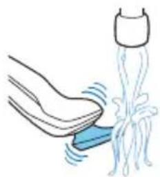 Illustration of a hand pressing down on a blue object with motion lines, next to a bottle (no text or symbols)